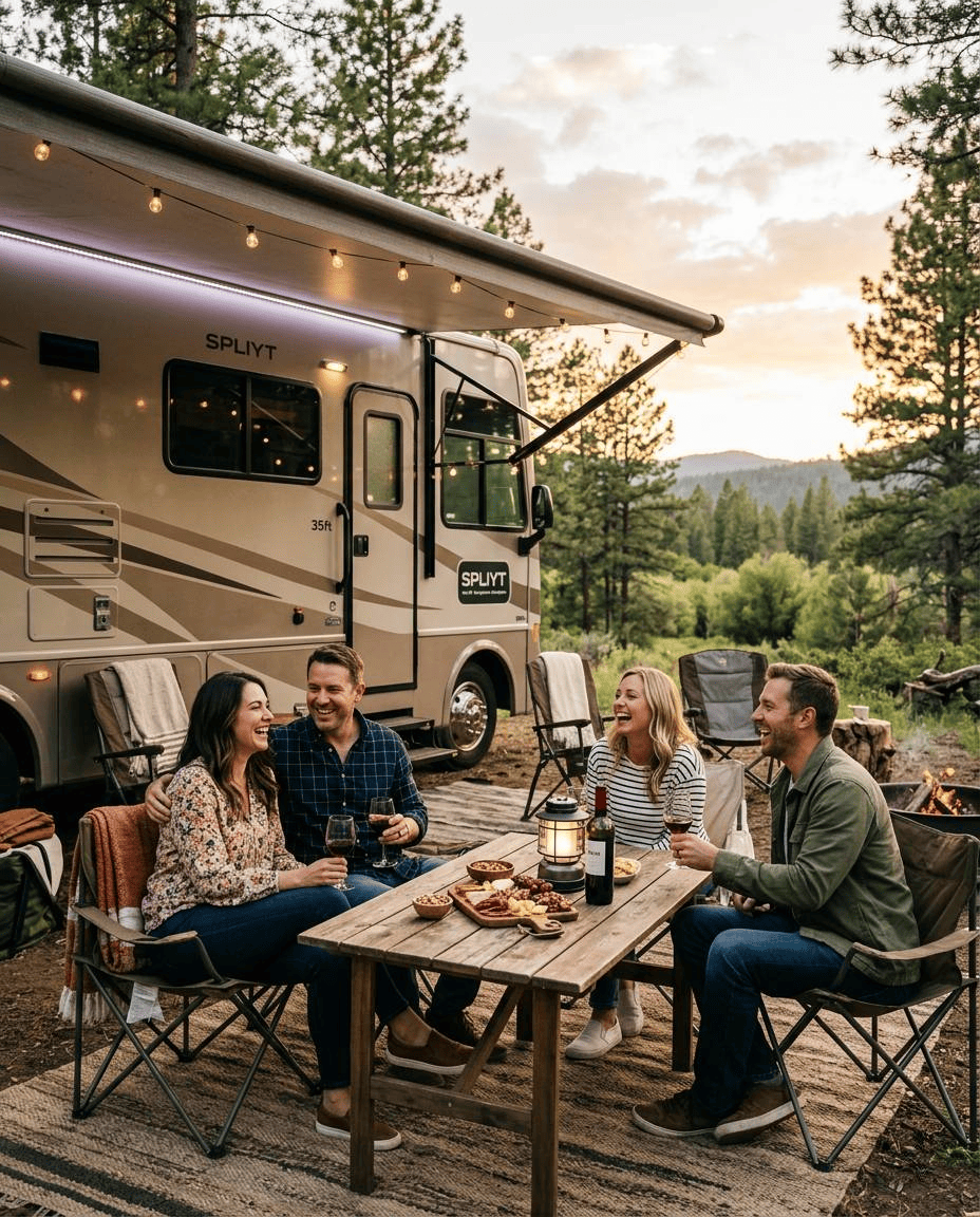 Luxury RV motorhome parked in a scenic outdoor setting